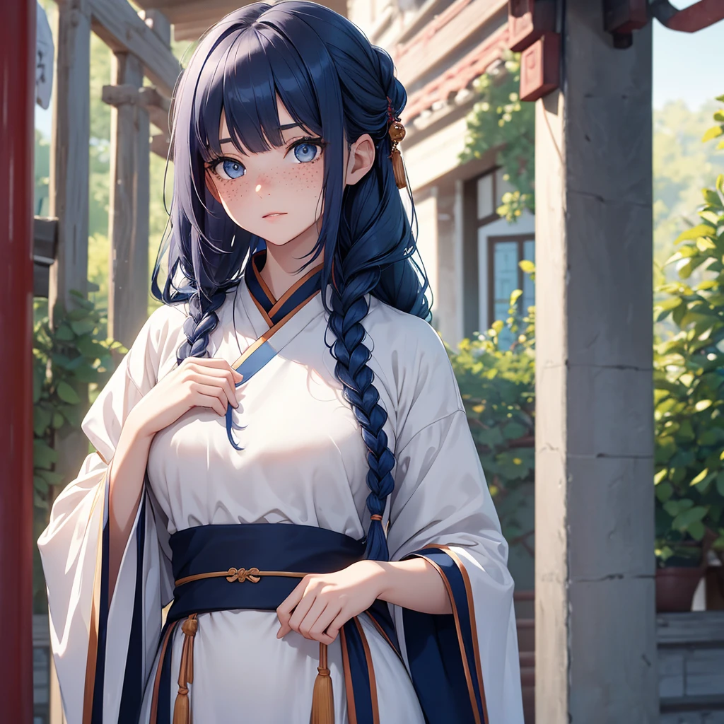 (8K, Best Quality, Masterpiece, Ultra High Resolution) Girl, 18 Years Old, Cute Eyes, Face Details, Freckles, Blushing, Blue Hair, Long Hair, Two Braids, Grey Eyes, Pale Skin, Skinny, Small Breasts, Traditional Chinese Dress, Hanfu Dress, Chinese Background, Best Quality, Upper Body, Looking at the Viewer, Facing Viewer, Close Up