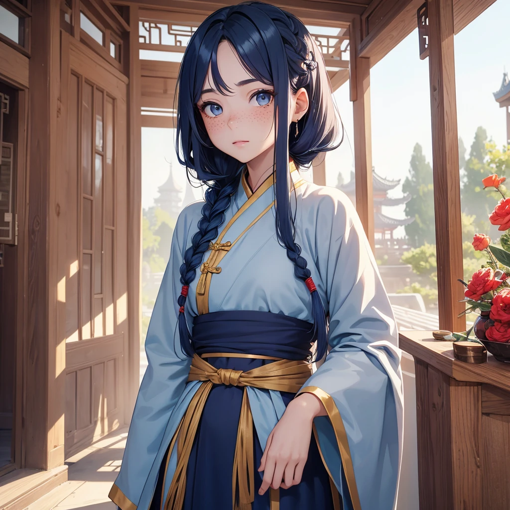 (8K, Best Quality, Masterpiece, Ultra High Resolution) Girl, 18 Years Old, Cute Eyes, Face Details, Freckles, Blushing, Blue Hair, Long Hair, Two Braids, Grey Eyes, Pale Skin, Skinny, Small Breasts, Traditional Chinese Dress, Hanfu Dress, Chinese Background, Best Quality, Upper Body, Looking at the Viewer, Facing Viewer, Close Up