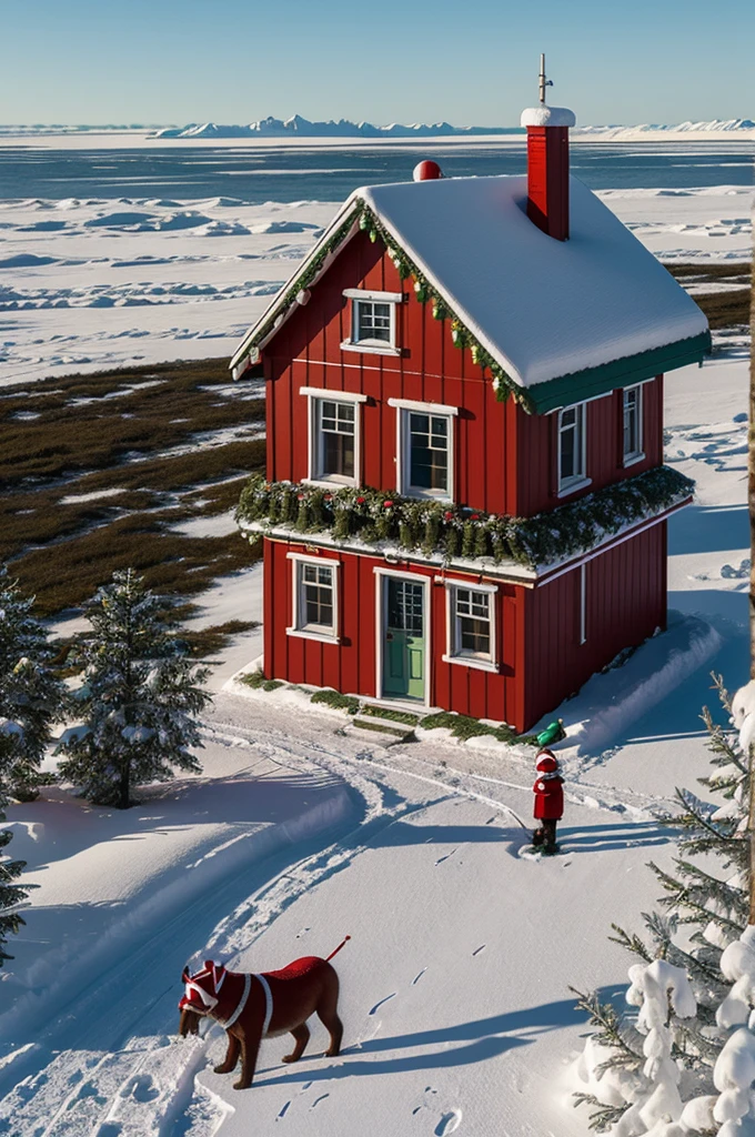 create an image that contains cultural elements, flora, fauna, inhabitants and homes of the north pole