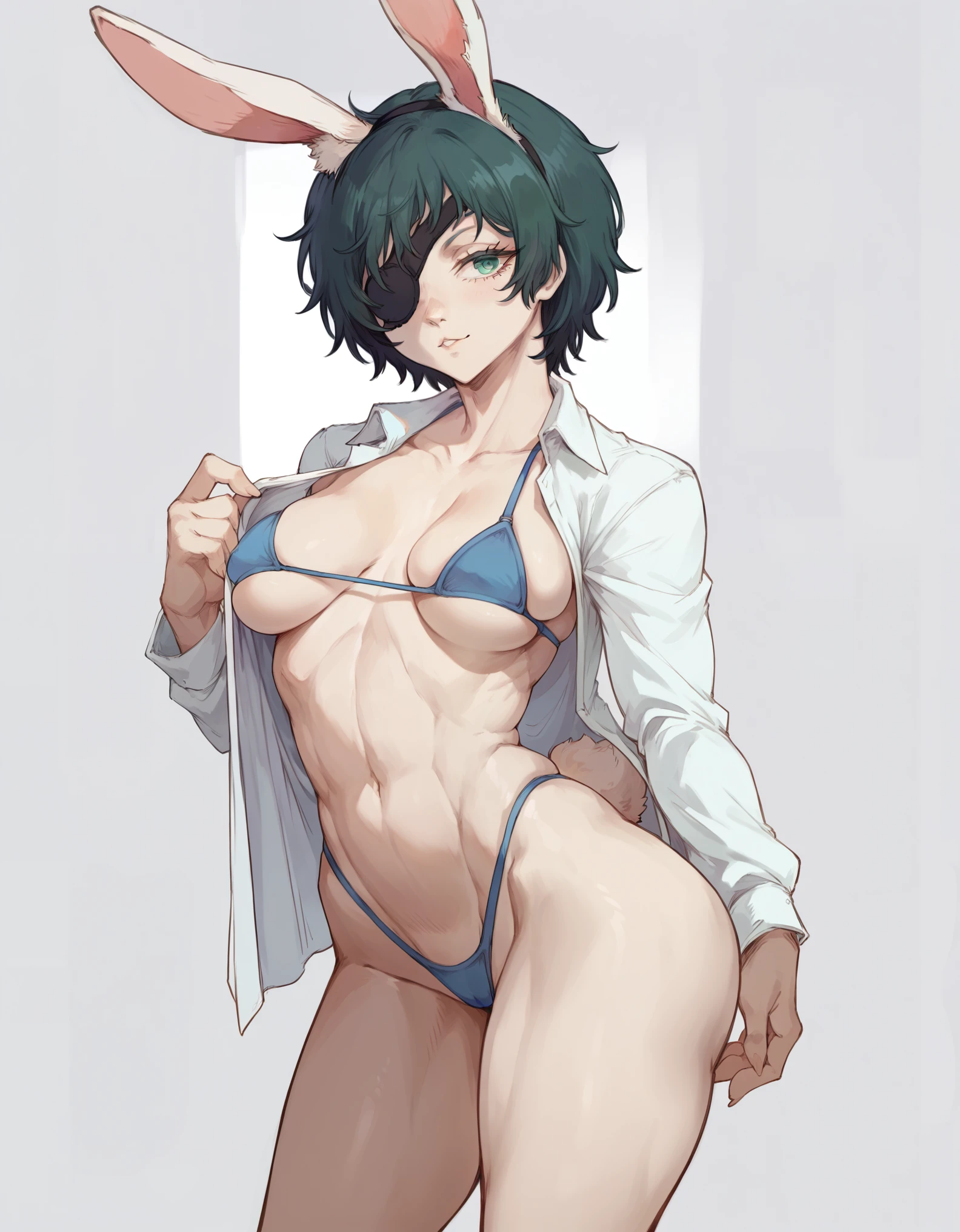 Solo, score_9,score_8_up,score_7_up, source_anime, Anthro, himeno chainsaw man, eyepatch, standing, naked, she is an Anthro furry white rabbit, bunny girl, rabbit ears, (bunny snout, bunny nose):2, simple white background, wearing white shirt, blue thong, unbuttoning her shirt, blue bra, opening her shirt, seductive expression