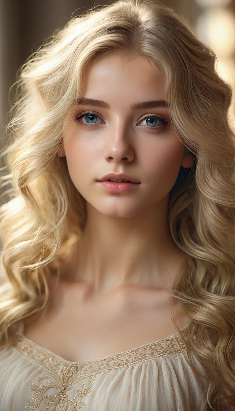 blonde girl, 18 years old, , detailed face, beautiful eyes, small breasts, photorealistic, high quality, intricate details, natural lighting, cinematic angle, whimsical mood, soft color palette, dreamlike atmosphere, ethereal beauty, delicate features, radiant skin, flowing hair, elegant pose, serene expression