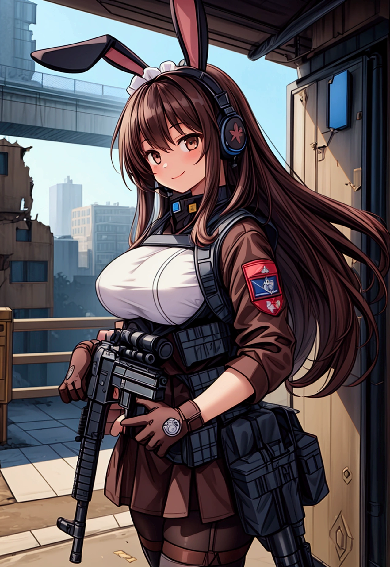 ((1girl)),  super fine illustration, vibrant colors, absurdres extremely detailed CG, 8k wallpaper, (masterpiece:1.3), dynamic angle, dynamic pose, 
best quality, depth of field, cinematic lighting, ultra detailed, ((dark brown long hair)), very straight hair, large breast, white knit dress , 20yo, cute, very baby face, brown eyes, kawaii, tender smile, droopy eyes, combat, sci-fi rabbit ear mechanical headset,  military pouch, padded combat glove, pink maid uniform, white thighhighs pantyhose, aiming rifle, modern military heavy machine gun:1.4, ruin city, Post-apocalypse