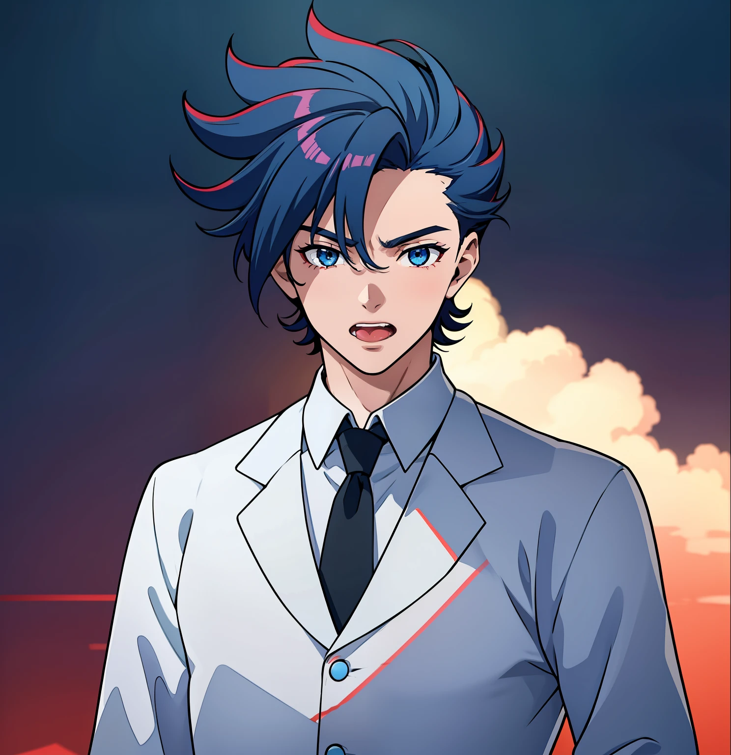 anime boy, mouth open, tongue, amazed, mouth wide open, dark blue hair, blue eyes, red clothes, wide eyes, white shirt (beautiful and aesthetic:1. 5), thick black lineart, clean lineart, perfect lineart, sharp lineart, best quality, high quality, best quality, ultra-detailed, saturated colours, HD,