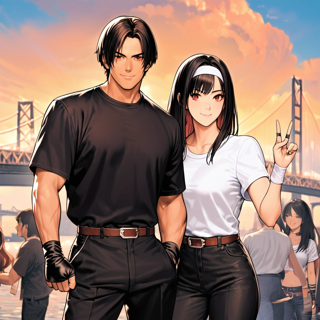 Orochikyo, Two people, Dark Skin, Red eyes, Black jacket, Fingerless gloves, Black Hair, White T-shirt, White headband, Black trousers, White shoes, Brown belt, good looking, shot, Charming, masterpiece, High resolution, Detailed face, fine grain, Daytime,men and women, Same hair and clothes, peace sign. Blue sky, Laughing in front of the Bay Bridge, A confident smile, men and women, Same hair and clothes, peace sign.