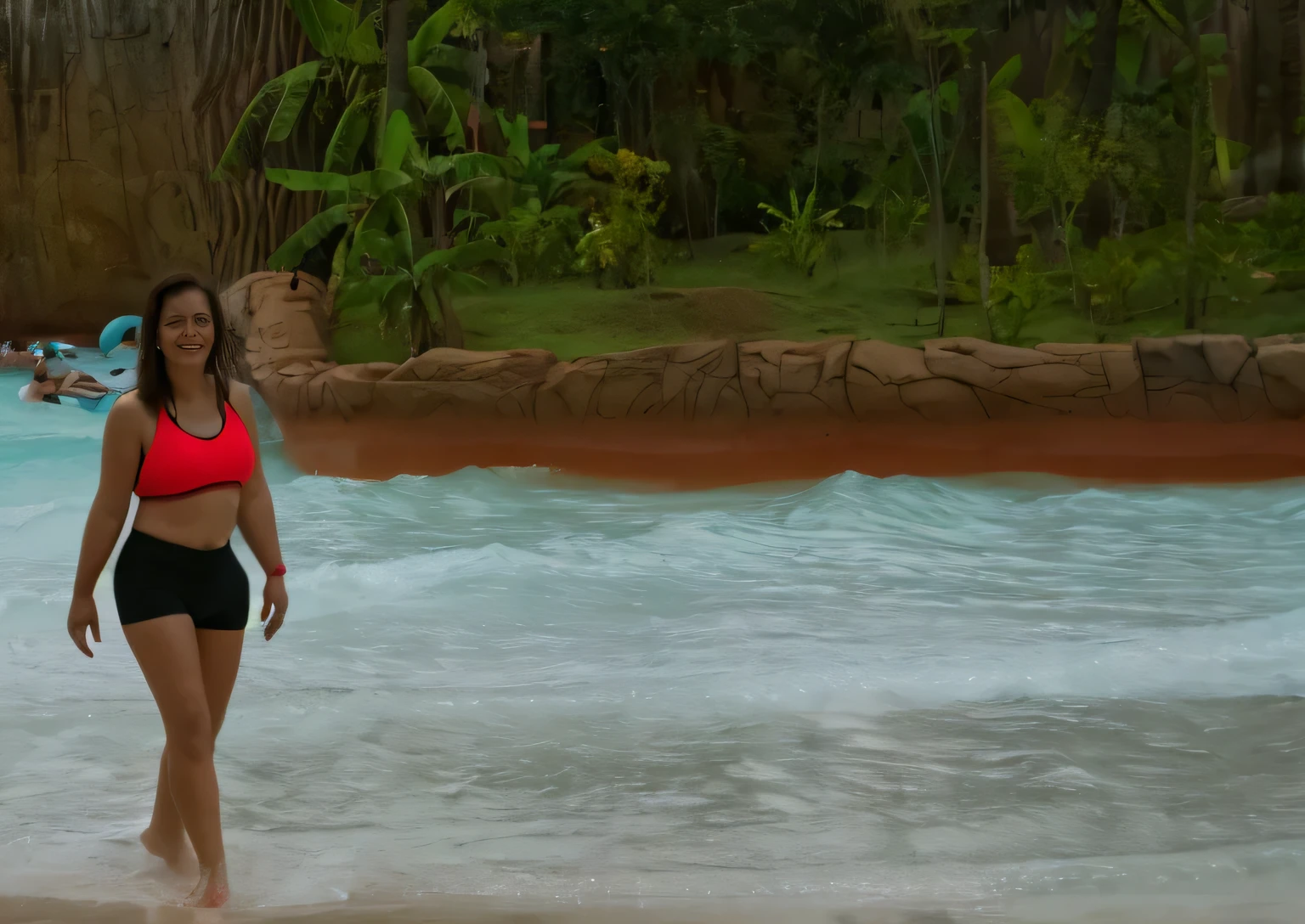 there is a woman in a red bikini walking in the water, red sand, red sand beach, red!! sand, next to a tropical pool, very close to real nature, jungles in the background, at a tropical beach, stands in a pool of water, water park, intimidating floating sand, not cropped, having a good time, having a great time
