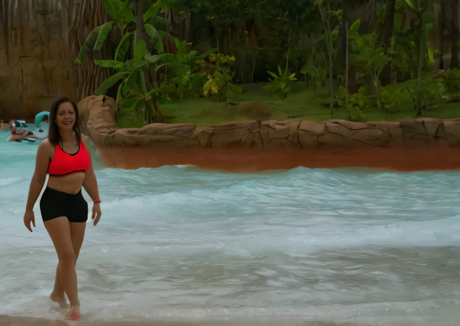 there is a woman walking in the water at a water park, in water! up to shoulders, uhd candid photo of dirty, water park, in the water, she is walking on a river, is wearing a swimsuit, vacation photo, wearing two - piece swimsuit, stands in a pool of water, wearing red shorts, wearing spandex bikini, in water
