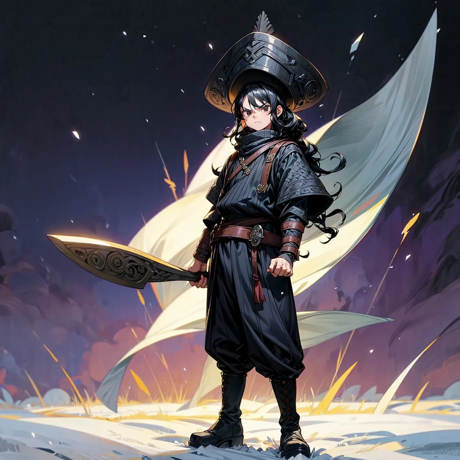 Grassroot, Full body version, solo, boy, black eyes, black hair, long curly hairstyle, Vikings style clothing, boots, Vikings helmets, full background in field snow, (one piece style art), standing gesture, angry eyes