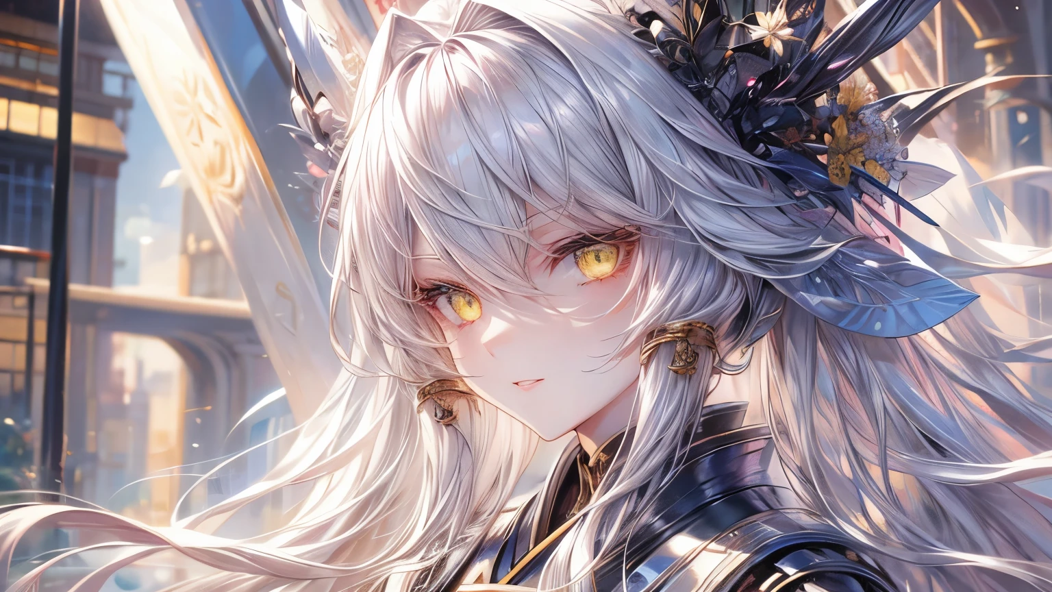 woman, long silver hair, kimono, long sleeves, big ,beatiful face, yellow eyes
