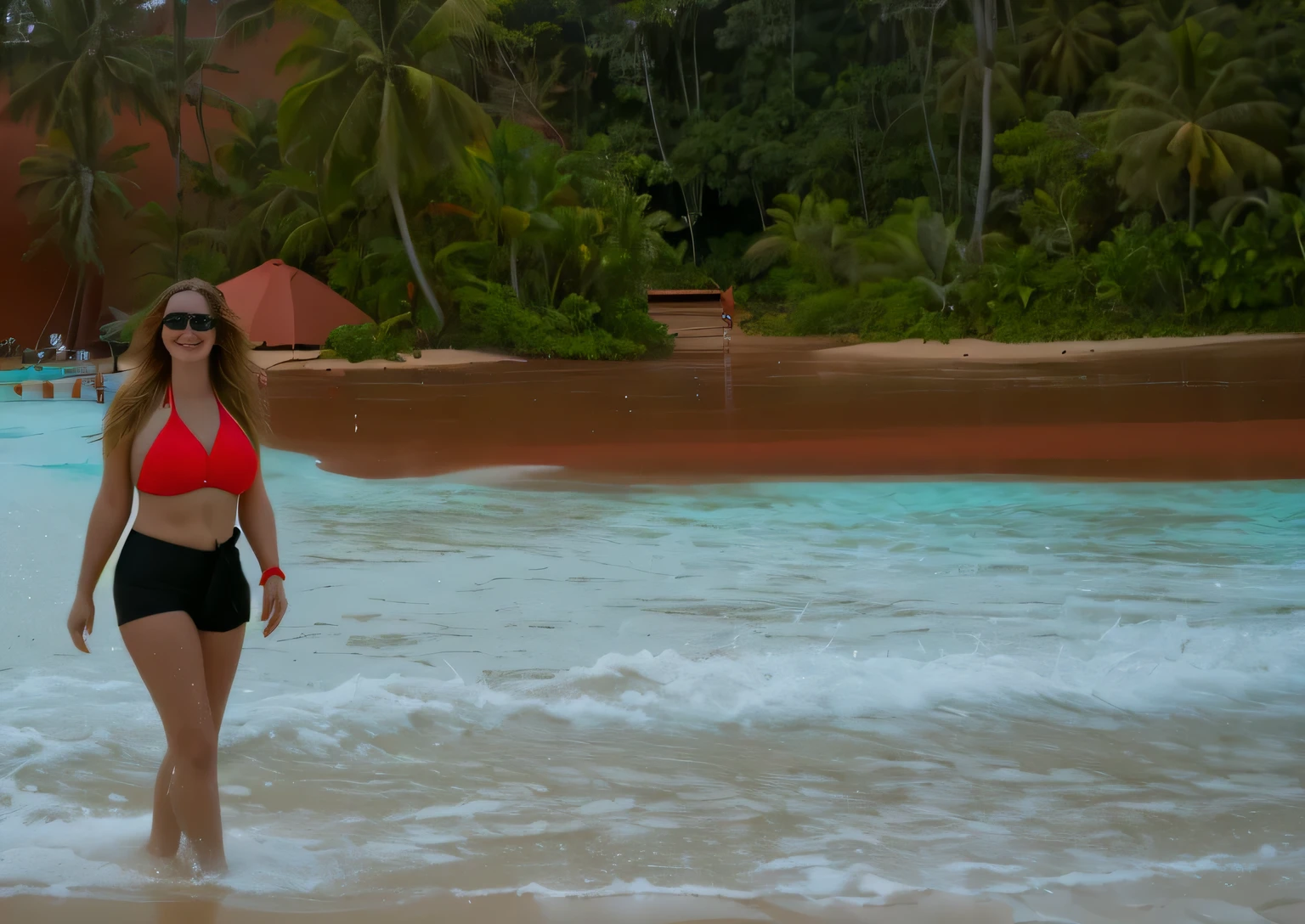 there is a white woman in a red bikini walking in the water, red sand, red sand beach, red!! sand, next to a tropical pool, very close to real nature, jungles in the background, at a tropical beach, stands in a pool of water, water park, intimidating floating sand, not cropped, having a good time, having a great time