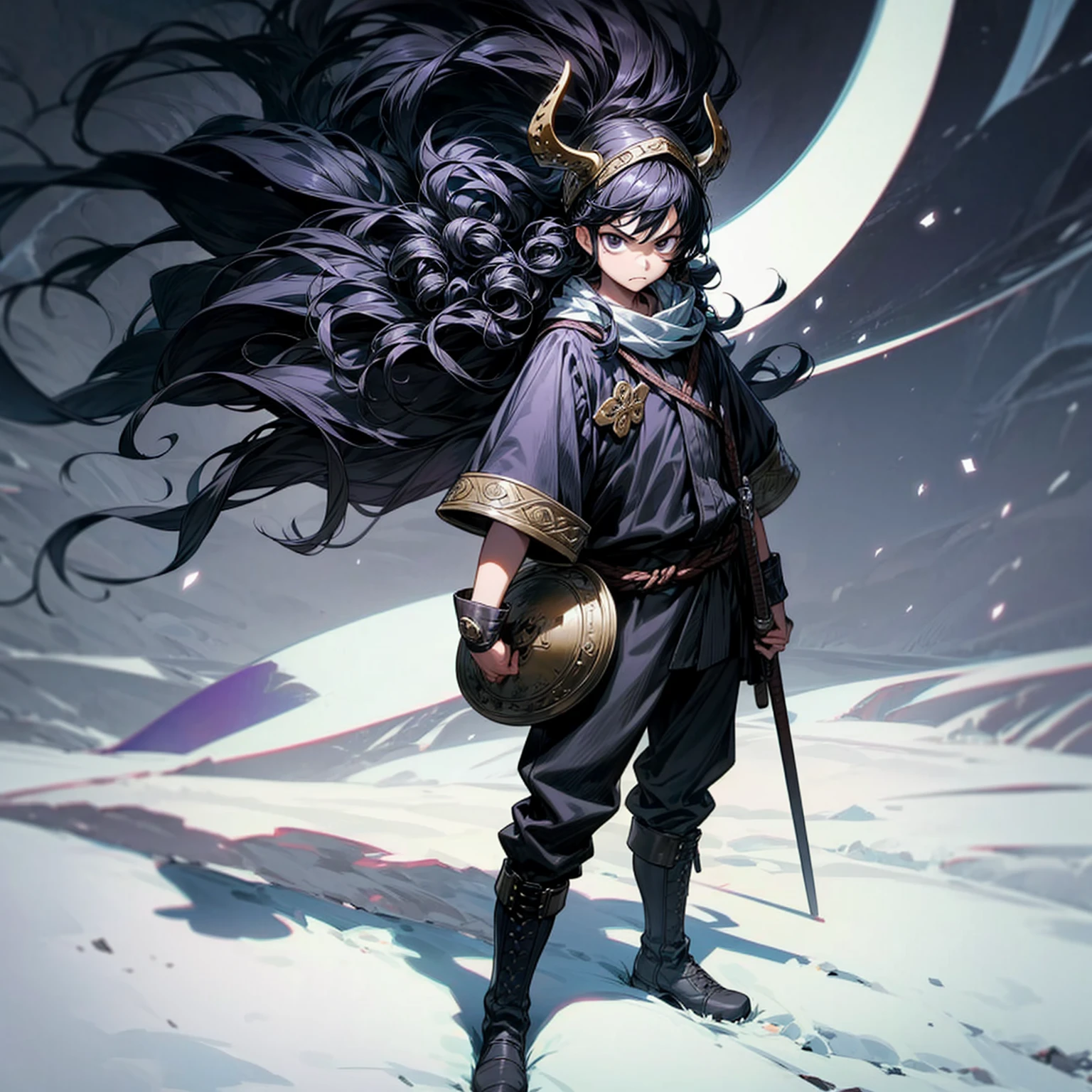 Grassroot, Full body version, solo, kid boy, black eyes, black hair, long curly hairstyle, Vikings style clothing, boots, Vikings helmets, full background in field snow, (one piece style art), standing gesture, angry eyes