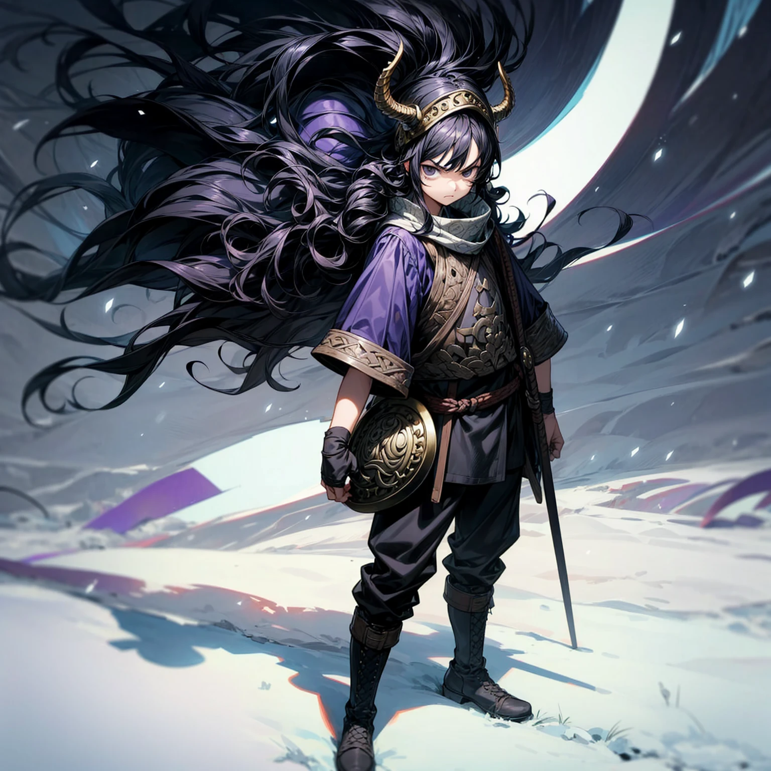 Grassroot, Full body version, solo, kid boy, black eyes, black hair, long curly hairstyle, Vikings style clothing, boots, Vikings helmets, full background in field snow, (one piece style art), standing gesture, angry eyes