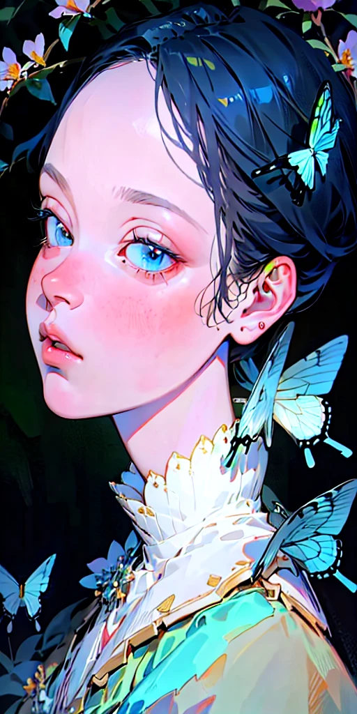 (top quality, masterpiece, super realistic), portrait of one beautiful and delicate girl with a soft and sad expression, the landscape in the background is a garden with flowering bushes and butterflies flying around in blue tones.