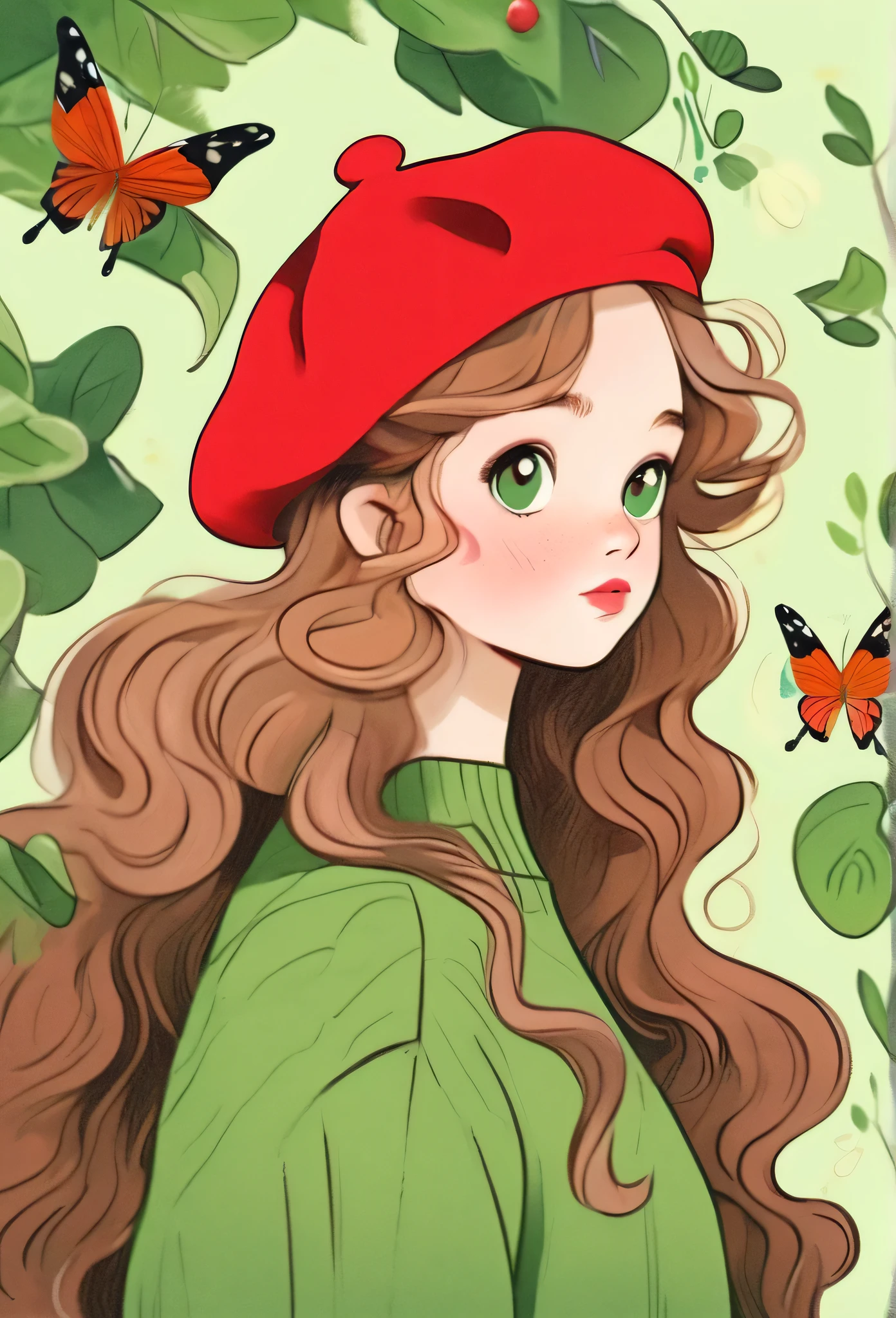 girl portrait,exaggerated expression,red beret,Loose big green sweater,Long curly hair,apple,Butterfly,Tree,clean background,hand drawn style,,pencil drawing,cute,smooth lines,clean screen