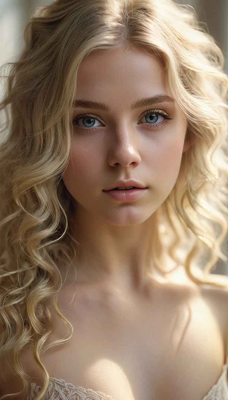 blonde naked girl, 18 years old, , detailed face, beautiful eyes, small breasts, photorealistic, high quality, intricate details, natural lighting, cinematic angle, whimsical mood, soft color palette, dreamlike atmosphere, ethereal beauty, delicate features, radiant skin, flowing hair, elegant pose, serene expression, full body
