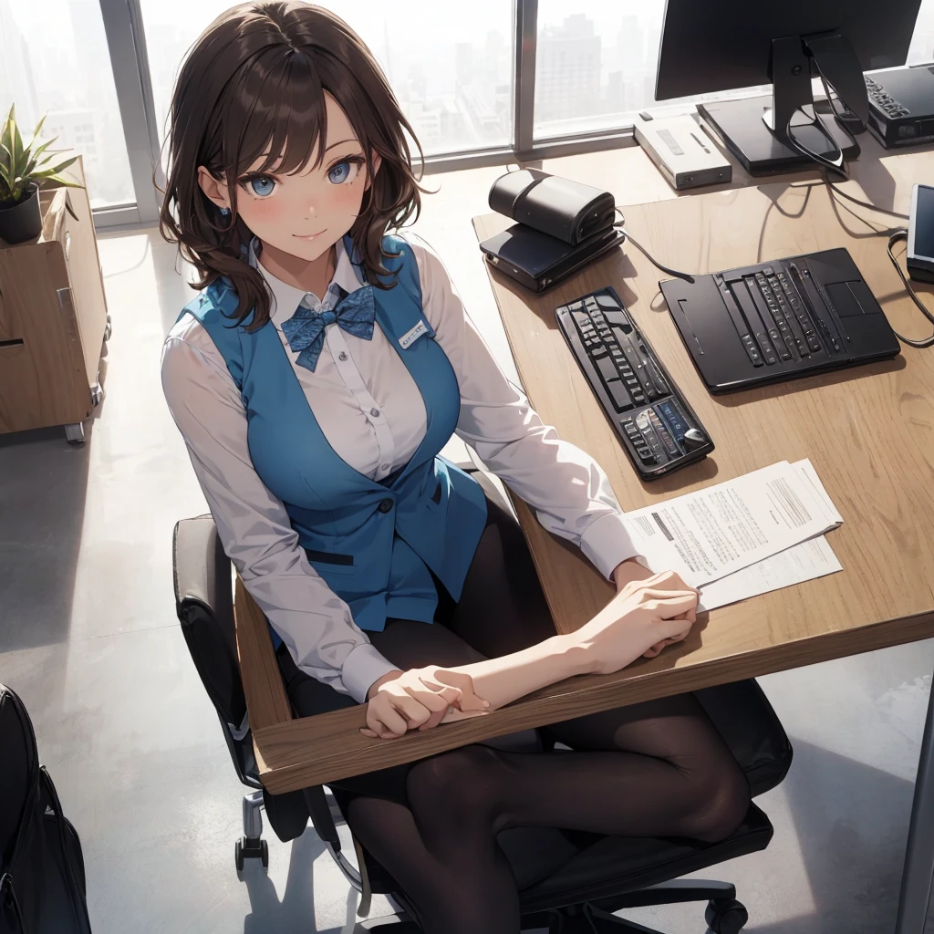 1lady solo, sitting, (from above), office worker, ((blue vest) over white dress shirt), mature female, /(dark brown hair/), kind smile, (masterpiece best quality:1.2) delicate illustration ultra-detailed, large breasts,bowtie BREAK (modern office) indoors, (reception desk), entrance, detailed background