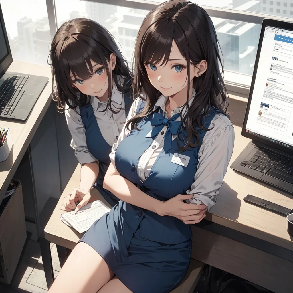 1lady solo, sitting, (from above), office worker, ((blue vest) over white dress shirt), mature female, /(dark brown hair/), kind smile, (masterpiece best quality:1.2) delicate illustration ultra-detailed, large breasts,bowtie BREAK (modern office) indoors, (reception desk), entrance, detailed background