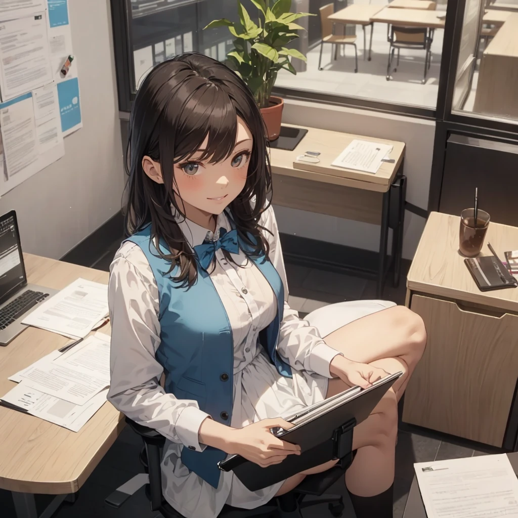 1lady solo, sitting, (from above), office worker, ((blue vest) over white dress shirt), mature female, /(dark brown hair/), kind smile, (masterpiece best quality:1.2) delicate illustration ultra-detailed, large breasts,bowtie BREAK (modern office) indoors, (reception desk), entrance, detailed background