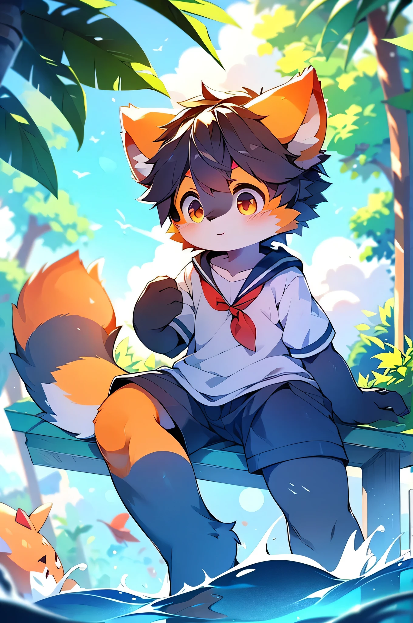Red Panda Boy,Characteristics of Sailor Suits,super high quality,Very detailed,High resolution,Cute art style in anime,Rice field scenery,:tall stature,pixiv Contest Winner,Official Art,furry animal with a tail,fur art,(Cheerful teenager,13 years old:1.3),alone,single,A man with a pretty face,