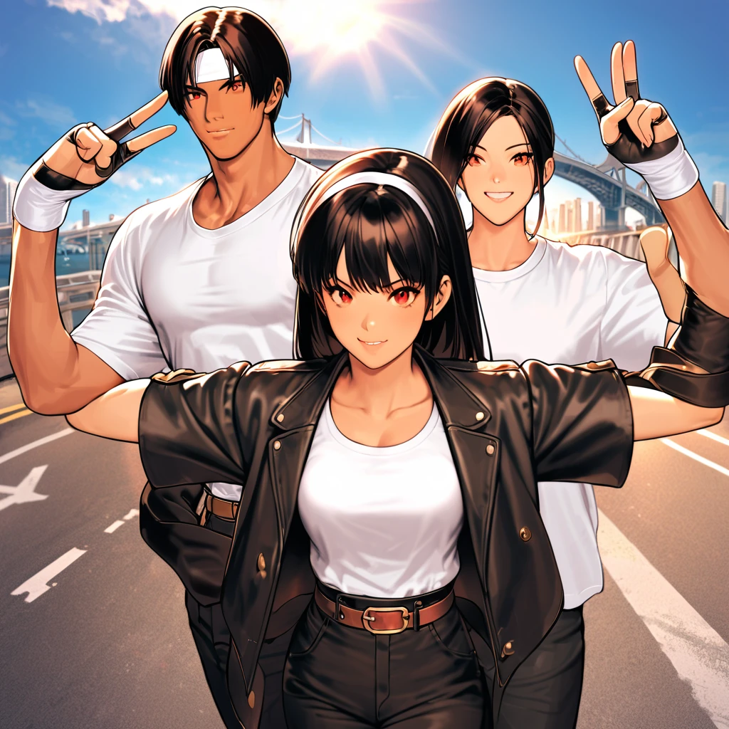 Orochikyo, Two people, Dark Skin, Red eyes, Black jacket, Fingerless gloves, Black Hair, White T-shirt, White headband, Black trousers, White shoes, Brown belt, good looking, shot, Charming, masterpiece, High resolution, Detailed face, fine grain, Daytime,men and women, Same hair and clothes, peace sign. Blue sky, Laughing in front of the Bay Bridge, A confident smile, men and women, Same hair and clothes, peace sign.