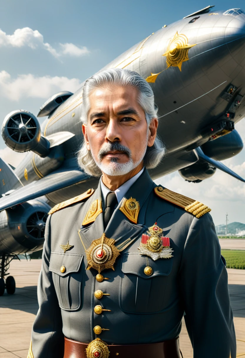 A man, full body, handsome face, silver gray hair, golden eyes, donning high rank military uniform, high end airship background, lower rank subordinates behind him
