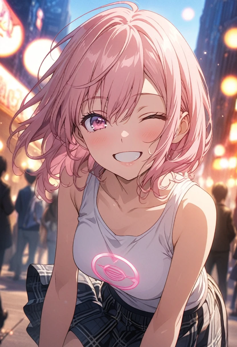 masterpiece, Highest quality, Highly detailed CG Unity 8K wallpapers, High School Girl Anime Illustration, Red and black checked skirt, An oversized tank top that reaches up to the knees、piece sign、she has her eyes closed and mouth open, smile. The background is a realistic city, Pink Hair Color, Pink Eyes, Pink eyelashes, Cowboy Shot, morning, bokeh photography, (soft focus):1.2, out-of-focus highlights, dreamy ambiance, glowing circles, mesmerizing depth