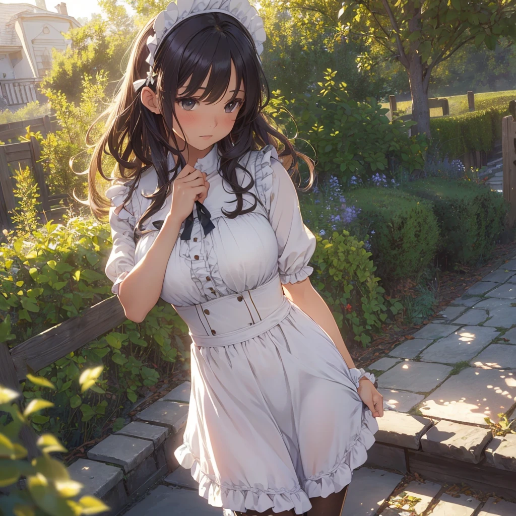 muste piece、masterpiece、highest quality、Super detailed、High resolution、8K portrait、High definition CG of Unity 8k wallpaper、cute type little:1.5、Lori:1.5、Highly detailed CG unity 8k wallpaper、Realistic、real person、 portrait photography、shiny skin、High definition、(:1.2)、(1 girl)、beautiful clear eyes、extremely detailed description、delicate face、nice lips、slender body、small breasts、thin waist、thin legs、(garden:1.6)、1 girl, cute type, perfect face, seriously, (blush:1.5),(brown hair bob hair:1.3),(small breasts:1.3),((Maid clothes:1.3)),(black dress),(half nude),(I have nipples:1.2),(looking at view),(from front),gran,((climax in vagina:1.5)),(standing:1.2)