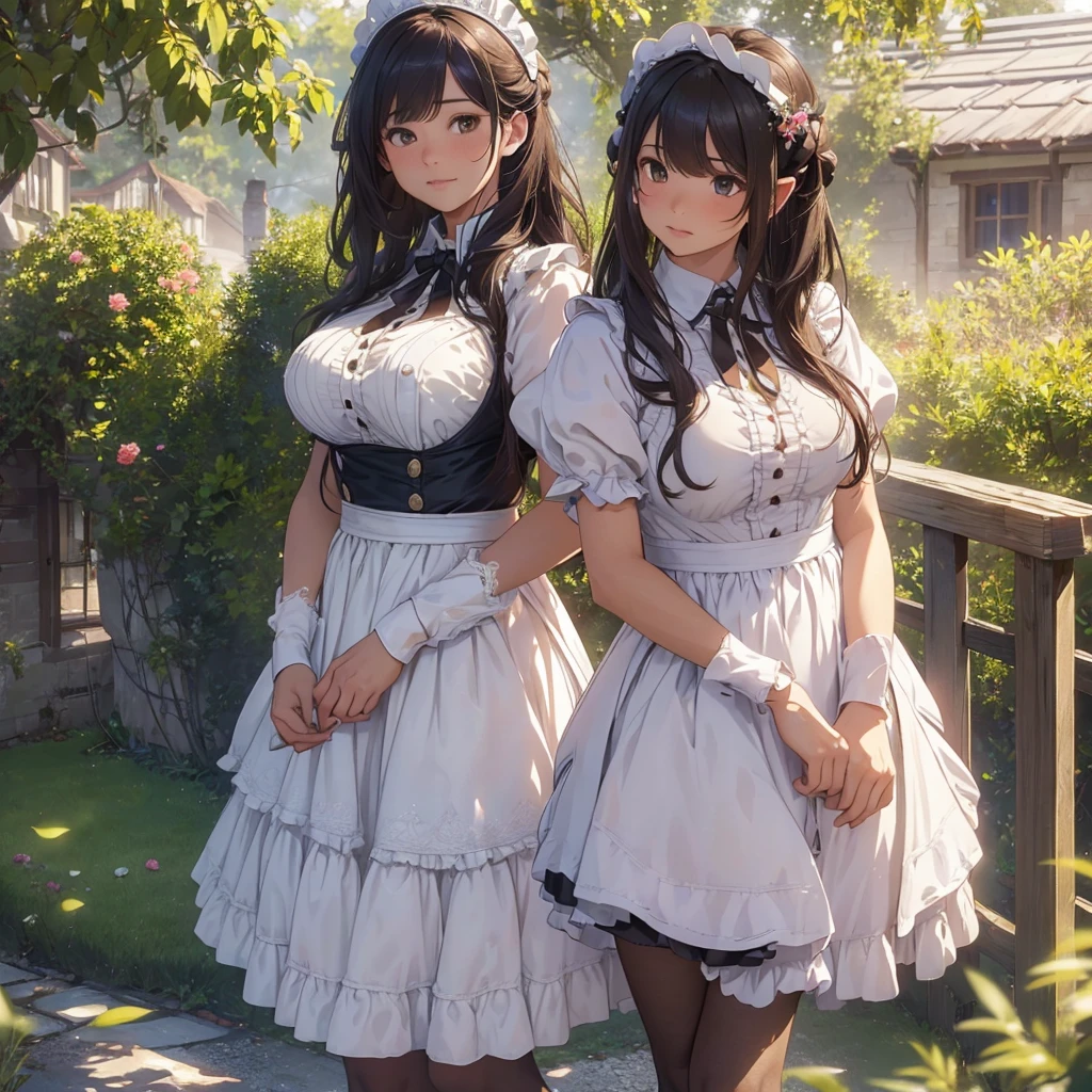 masterpieces,best quality,(ultra_detailed),3D,(realistic:1.9),(photorealistic:1.9),(light falloff at edges:1.9),shallow depth of field,sensual girl,in garden,at morning,western‐style house in the background,plump,(brown _pantyhose,)wavy long hair,built bangs,drooping eyes,wide-set eyes,lovely round eyes,looking away,round face, (maid costume),