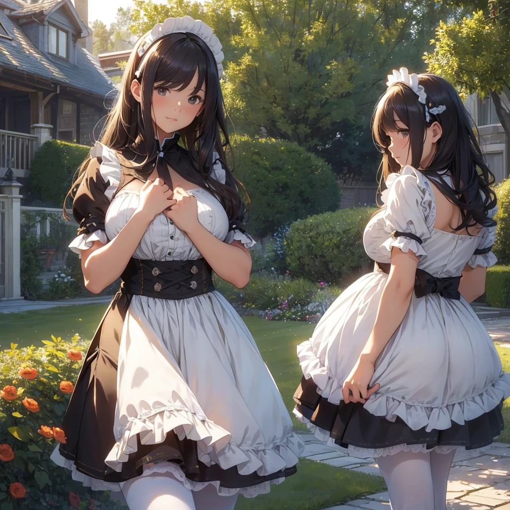 masterpieces,best quality,(ultra_detailed),3D,(realistic:1.9),(photorealistic:1.9),(light falloff at edges:1.9),shallow depth of field,sensual girl,in garden,at morning,western‐style house in the background,plump,(brown _pantyhose,)wavy long hair,built bangs,drooping eyes,wide-set eyes,lovely round eyes,looking away,round face, (maid costume),