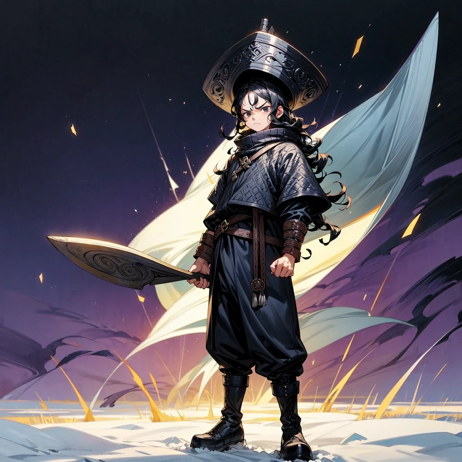 Grassroot, Full body version, solo, kid boy, black eyes, black hair, long curly hairstyle, Vikings style clothing, boots, Vikings helmets, full background in field snow, (one piece style art), standing gesture, angry eyes