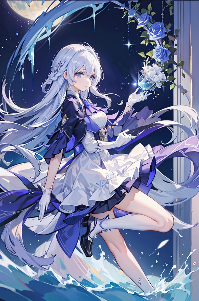 A woman with white hair and blue eyes、adult、Long and wavy hairstyle、Braiding、Hair ornament、Making roses with water、Smiling、Elegant and ladylike、Elegant princess、White gloves、Wearing a white cape、dress、Wave pattern、Droplet decoration、dressの前の丈は短く後ろが長い、Garter Ring、boots、Sheer tights、Fantasy