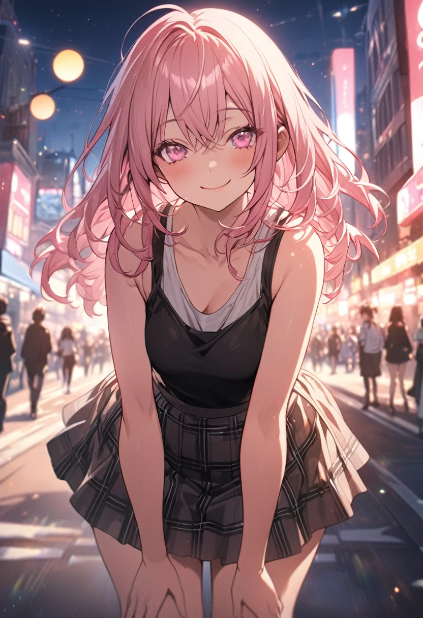 masterpiece, Highest quality, Highly detailed CG Unity 8K wallpapers, High Girl Anime Illustration, Red and black checked skirt, An oversized tank top that reaches up to the knees、piece sign、she has her eyes closed and mouth open, smile. The background is a realistic city, Pink Hair Color, Pink Eyes, Pink eyelashes, Cowboy Shot, morning, bokeh photography, (soft focus):1.2, out-of-focus highlights, dreamy ambiance, glowing circles, mesmerizing depth