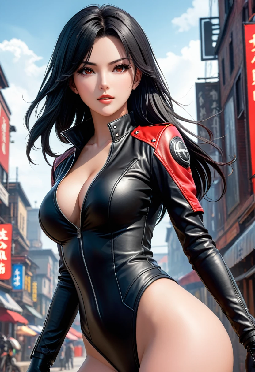 Woman, black long hair, straight hair, Bei Dou Genshin impact game, red short leather jacket, Black bodysuit, grindhouse style, comic style, manhua, ideal figure, ideal appearance, ideal eyes, ideal beauty, ideally realistic, post-processing, detail, dynamism, epicness, clarity, realism, DreamShaper v.8, ReVAnimated v1.0, UHD, QHD, 8K super HD, HDR10+, art style Artgerm Stanley Lau,
 (Unreal Engine v.5, DreamShaper v.8, RevAnimated v1.0), --stylize 350, --style scenic,