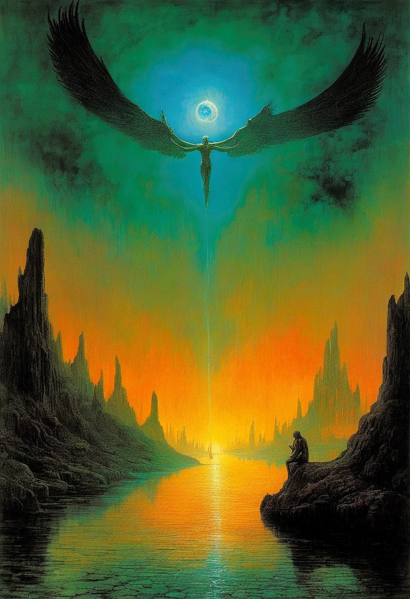 Mythical creatures, author:Zdzislaw Beksiński、Angels and Demons、River of Lamentations