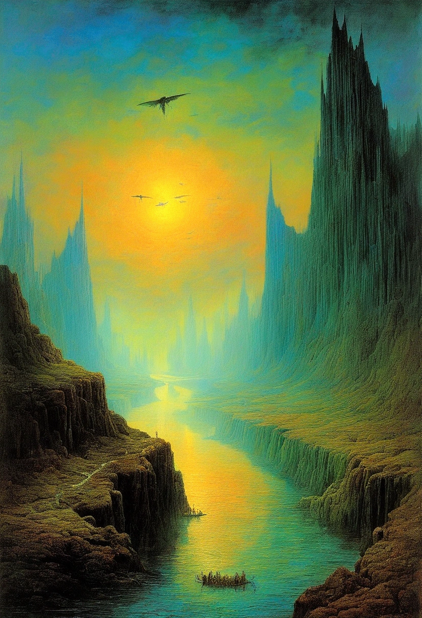 Mythical creatures, author:Zdzislaw Beksiński、Angels and Demons、River of Lamentations