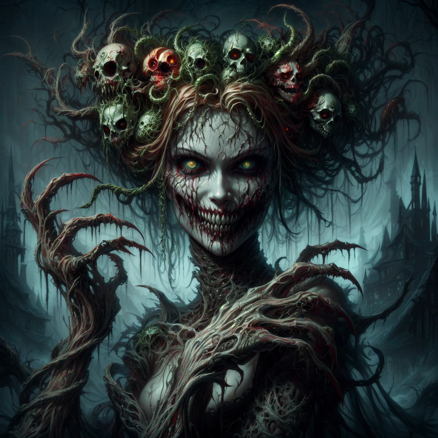 a closeup of a woman with a scary face and a scary head, Horror-Fantasy-Art, fantasy Horror art, detailed 4k Horror artwork, dark fantasy Horror art, elegant Horror artwork, scary-detailed art in color, evil grin, Horror Surreal Art, Horror art, scary goddess, tempting and frightening, Dark Fantasy Art, wilde Jellyfish