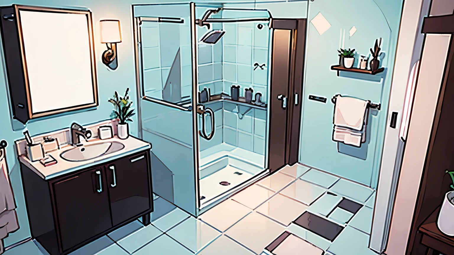 Create a 2D anime-style bathroom that appears three-dimensional. The bathroom should feature a large mirror above a modern sink. The walls should be tiled in light pastel colors, and there should be a shower area with a glass door. Include details like fluffy towels, a cute soap dispenser, and some small plants to enhance the charm. The mirror should reflect part of the bathroom, adding to the 3D effect. Use bright colors and clean lines typical of anime art style, with attention to lighting and shadows to enhance depth.