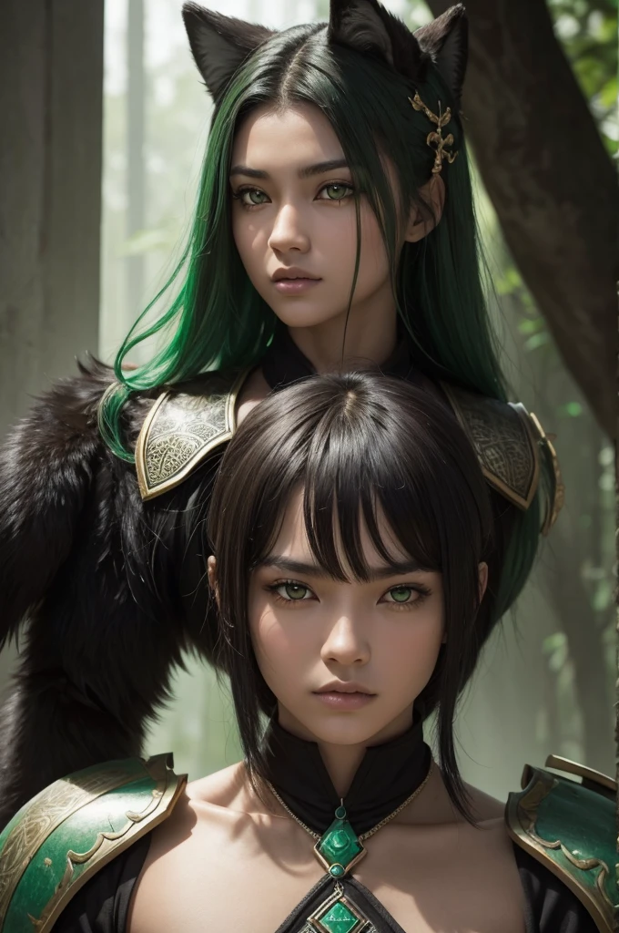 adolescent, wolves, with green eyes, a little strong, Cao Cao, dark-skinned, com orelhas e cauda de wolves

