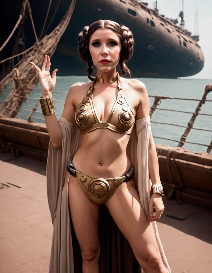 A cute woman is portraying Princess Leia, she is in the princess leia slave bikini. she is awkwardly doing trendy Tik Tok dances, set on a star ship near a view port