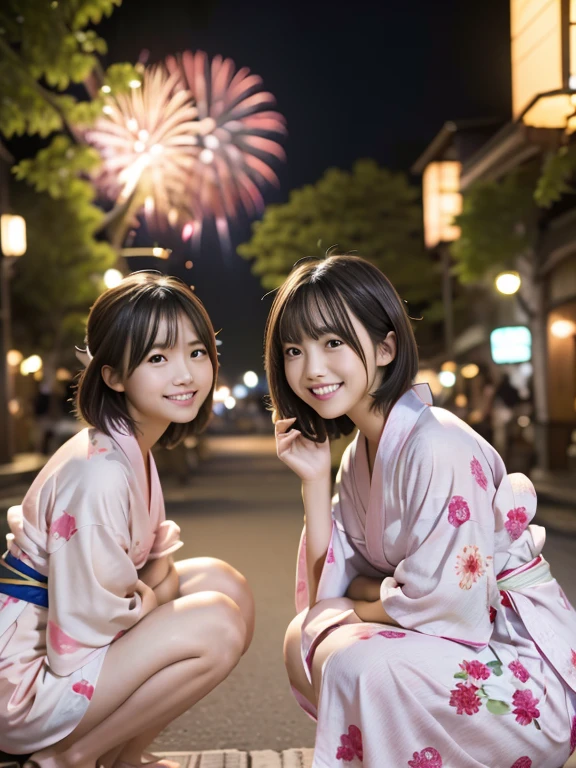 ２People Girls, Light pink Japanese yukata、、geta、((Riverbank))、(((Both of them are squatting with the hems of their yukatas lowered to their feet.)))、(((firework)))、night、Short Hair、bangs、A large pink monochromatic flower pattern on a yukata、Very cute face、Very cute smile、night、depth of field, first-person view, f/1.8, 135mm, Nikon, UHigh resolution, retina, masterpiece, Accurate, Anatomically correct, Attention to detail, Super Detail, high quality, 最high quality, High resolution, 1080P, High resolution, 4K, 8k