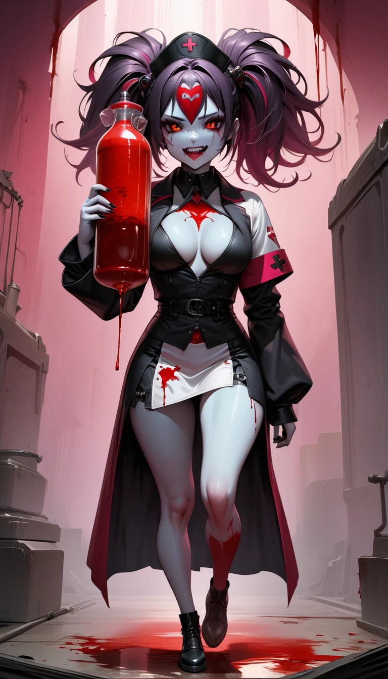 a picture of vampire nurse in a dark hospital, goth hospital, exquisite beautiful nurse, ((full body shot: 1.5)), ((anatomically correct: 1.5)), (ultra detailed face: 1.2), pale skin, dynamic hair style, dynamic hair color, wearing white silk nurse, small cleavage, nurse robes, white skirt,(holding blood transfusion bag: 1.3), BloodSoakedAI, goth hospital background, dark fantasy art, goth art, Hyperrealism style, vibrant, Ultra-high resolution, High Contrast, (masterpiece:1.5), highest quality, Best aesthetics), best details, best quality, highres, ultra wide angle, 16k, [ultra detailed], masterpiece, best quality, (extremely detailed) RAW, BloodSoakedAI, vampire teeth