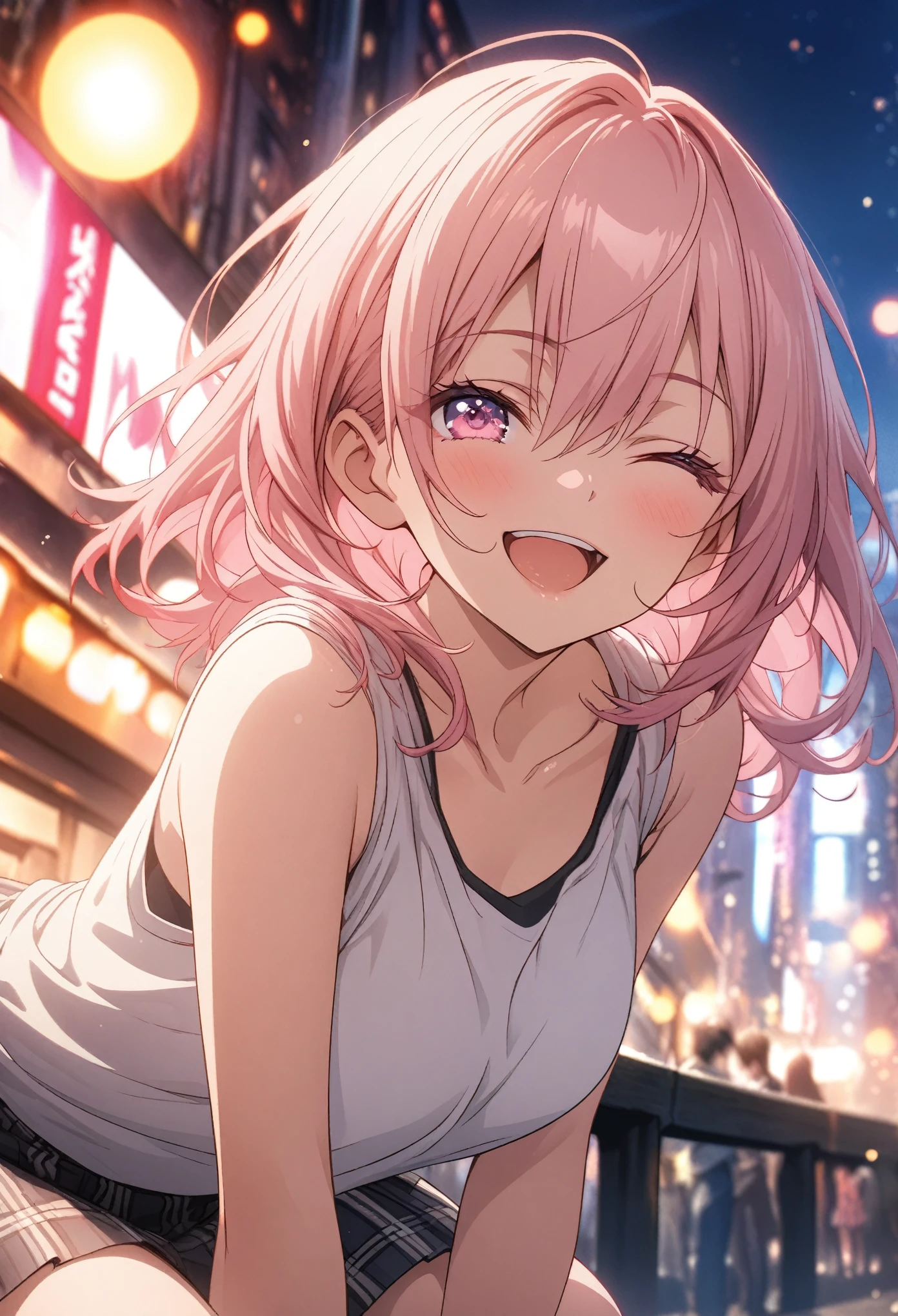 masterpiece, Highest quality, Highly detailed CG Unity 8K wallpapers, High School Girl Anime Illustration, Red and black checked skirt, An oversized tank top that reaches up to the knees、piece sign、she has her eyes closed and mouth open, smile. The background is a realistic city, Pink Hair Color, Pink Eyes, Pink eyelashes, Cowboy Shot, morning, bokeh photography, (soft focus):1.2, out-of-focus highlights, dreamy ambiance, glowing circles, mesmerizing depth