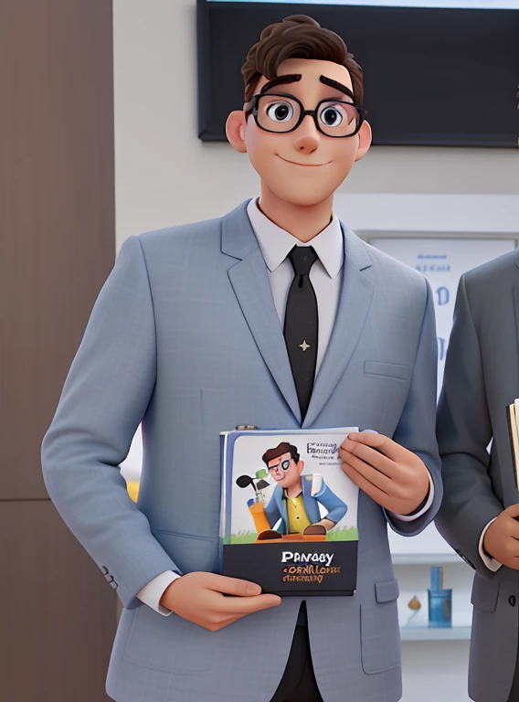 Disney Pixar Style Poster, high qualiy, best qualityer, white male , 25 years old with short hair and black square glasses, dressed in formalwear holding a pioneer book