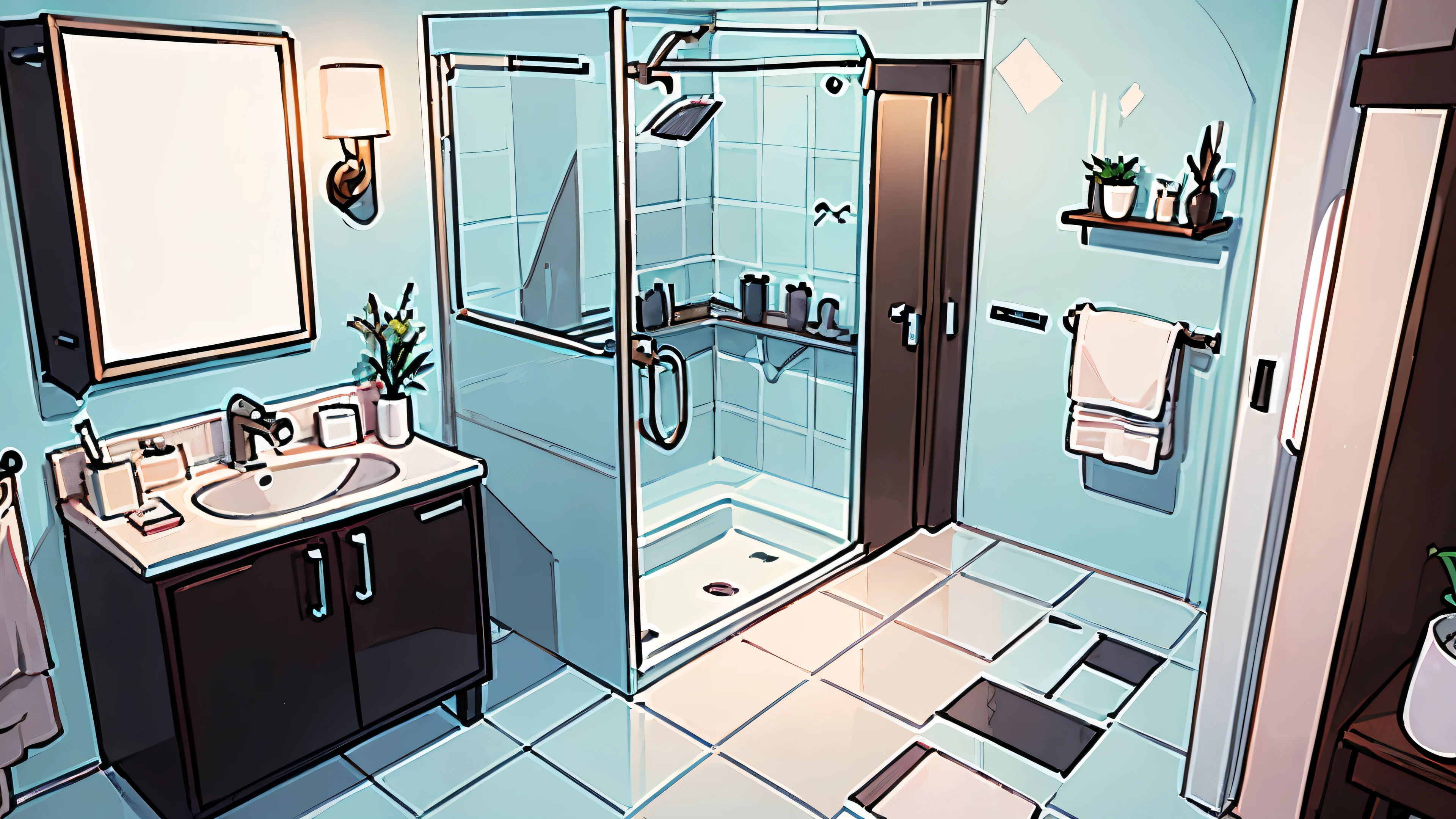 Create a 2D anime-style bathroom that appears three-dimensional. The bathroom should feature a large mirror above a modern sink. The walls should be tiled in light pastel colors, and there should be a shower area with a glass door. Include details like fluffy towels, a cute soap dispenser, and some small plants to enhance the charm. The mirror should reflect part of the bathroom, adding to the 3D effect. Use bright colors and clean lines typical of anime art style, with attention to lighting and shadows to enhance depth.