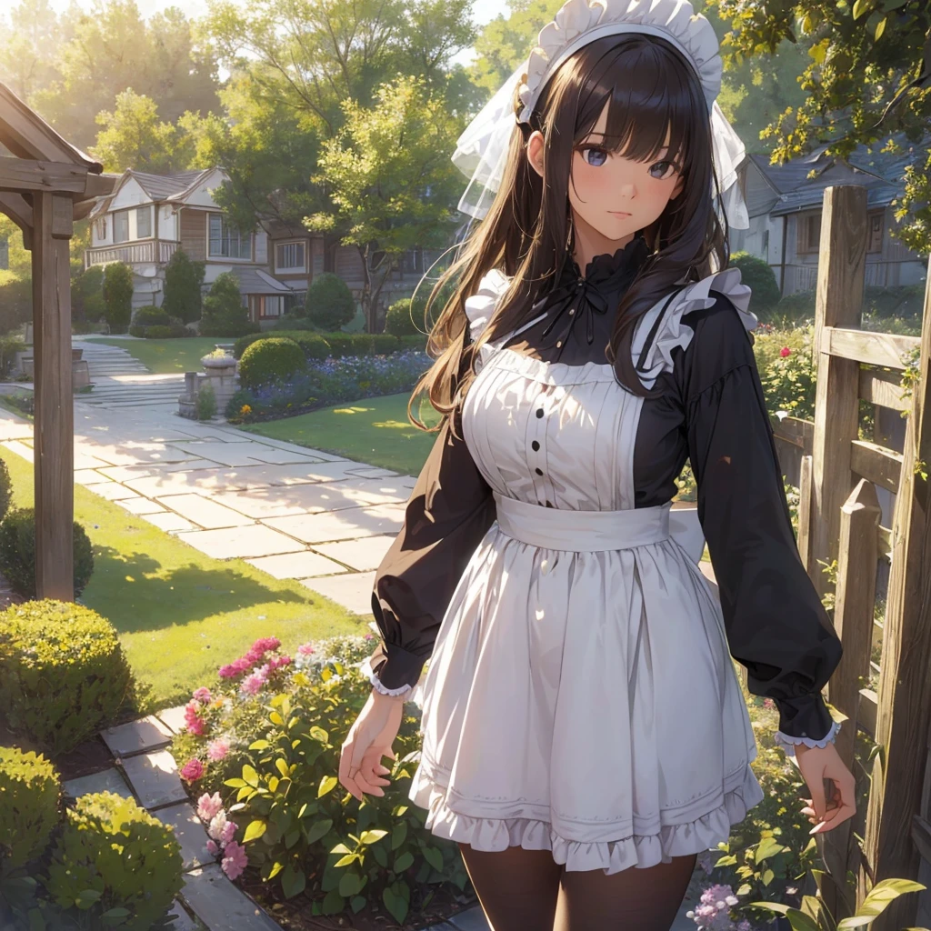 masterpieces,best quality,(ultra_detailed),3D,(realistic:1.9),(photorealistic:1.9),(light falloff at edges:1.9),shallow depth of field,sensual girl,in garden,at morning,western‐style house in the background,plump,(brown _pantyhose,)wavy long hair,built bangs,drooping eyes,wide-set eyes,lovely round eyes,looking away,round face, (maid costume),