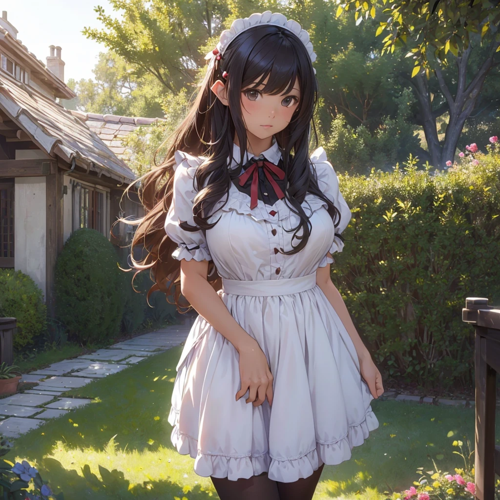 masterpieces,best quality,(ultra_detailed),3D,(realistic:1.9),(photorealistic:1.9),(light falloff at edges:1.9),shallow depth of field,sensual girl,in garden,at morning,western‐style house in the background,plump,(brown _pantyhose,)wavy long hair,built bangs,drooping eyes,wide-set eyes,lovely round eyes,looking away,round face, (maid costume),