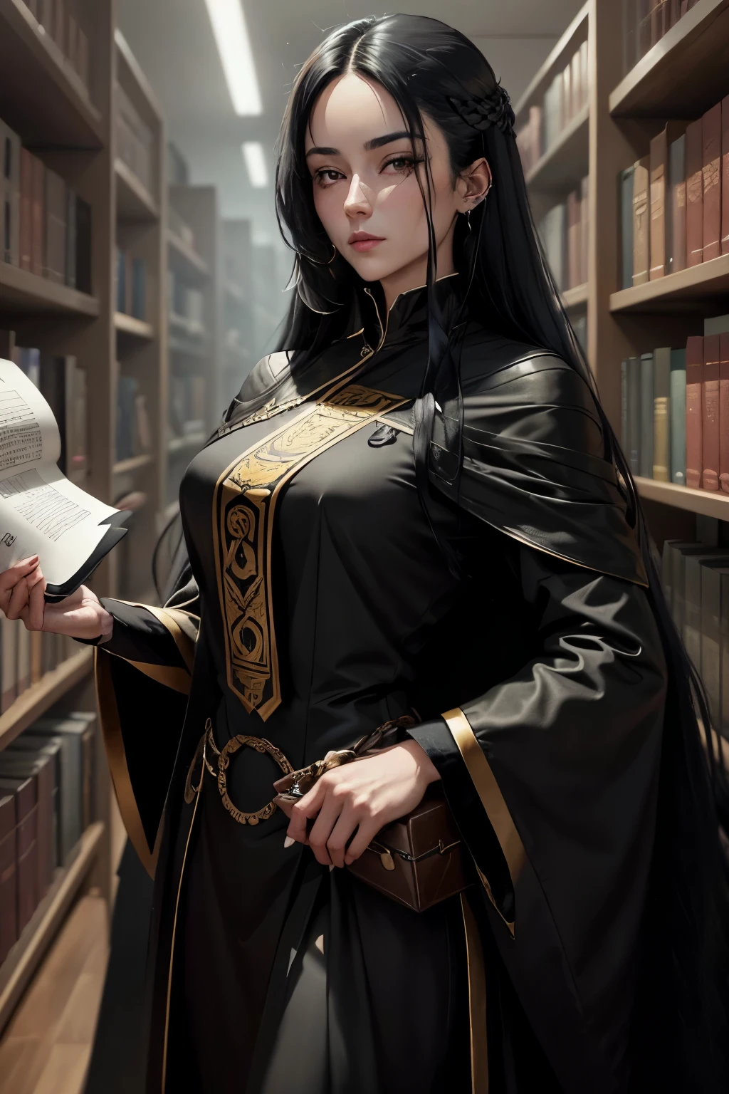 A mysterious woman with gray skin, around 30 years old, with long black hair, Piercing and serious eyes. Wear dark and simple clothes. Keep secret library files, black and gold ceremonial robes, carrying papers, using a simple monocle