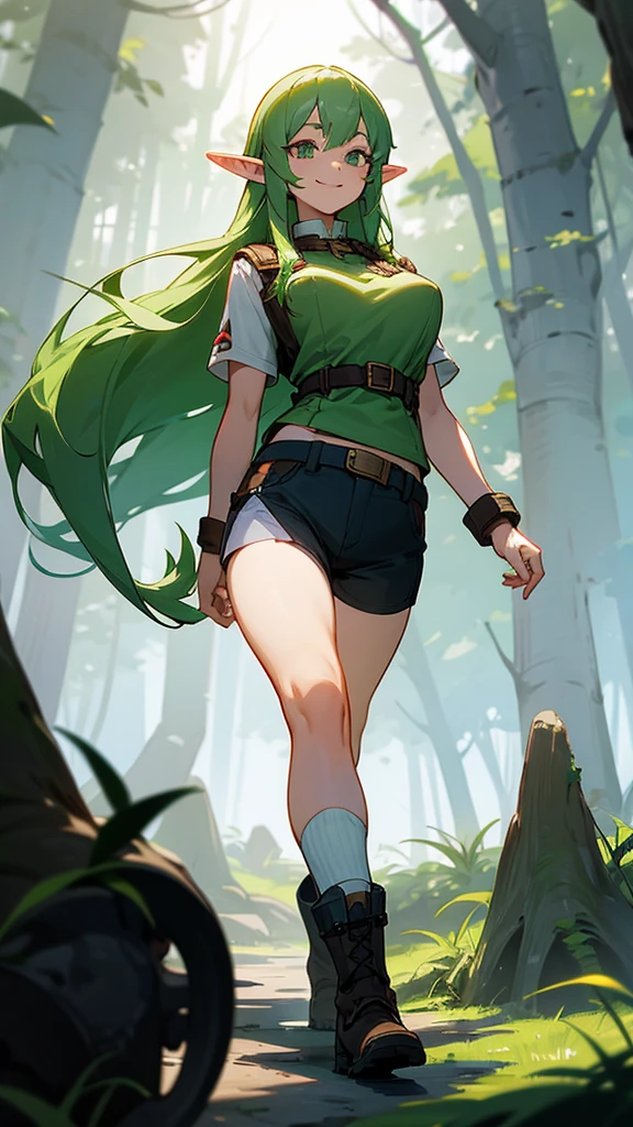 a girl with long hair, big breasts, short pants, short shirt, boots and long socks, with elf ears, smiling, walking in a dark forest