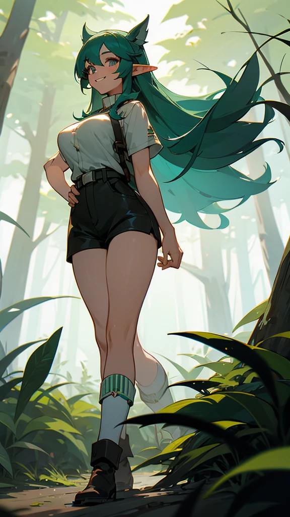 a girl with long hair, big breasts, short pants, short shirt, boots and long socks, with elf ears, smiling, walking in a dark forest