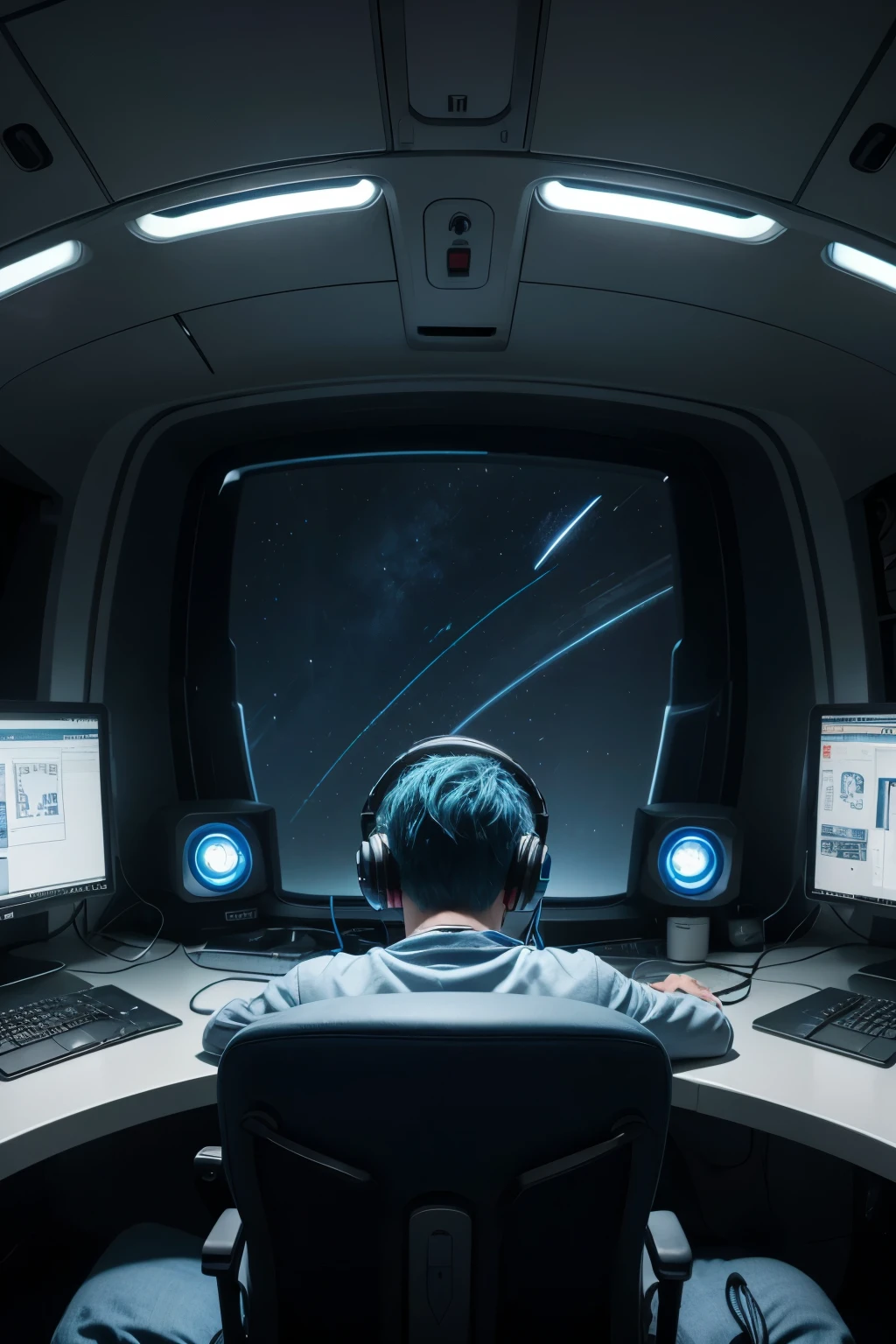 make me a 4k image, futurist, of a boy with blue faded hair wearing headphones, working on the computer on a spaceship in space with the view from the back with a larger field of view