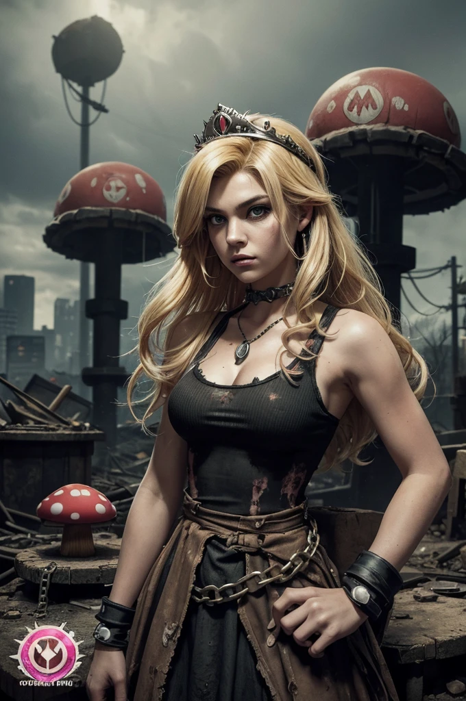 "Create a gritty, punk-style image featuring three characters: a distressed version of Princess Peach with long blonde hair, wearing a torn pink dress with a crown logo, and chains around her wrists. She stands between zombie-like versions of Mario and Luigi, both in their signature outfits but looking ragged and chained. The background is dark and grungy with a post-apocalyptic vibe. Include the 'Super Mario' and 'Super Nintendo' logos, a floating 1-Up mushroom, and other small details enhancing the dark theme. Use a detailed and somewhat grotesque comic book art style with heavy shading and textures."
